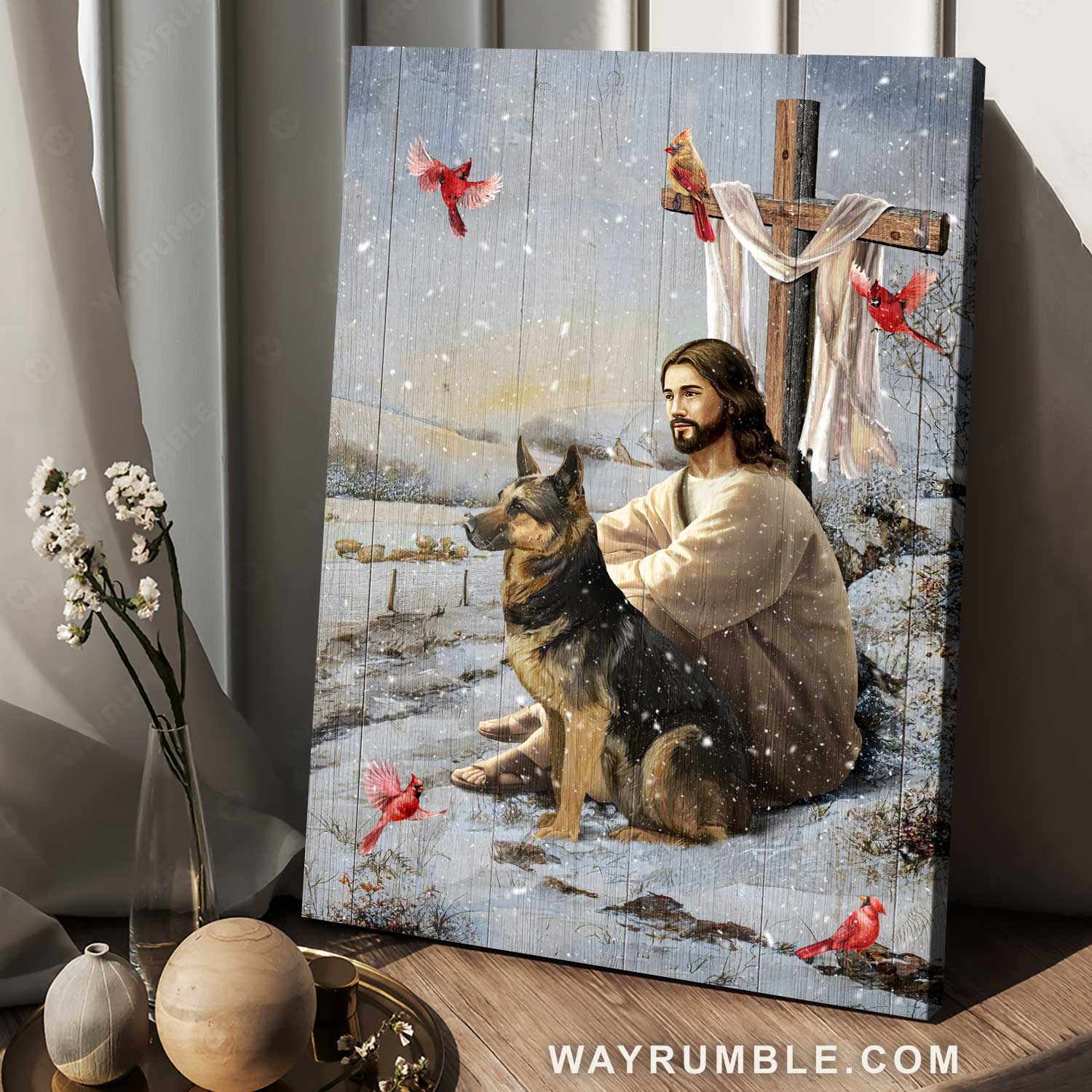 Amazing German Shepherd dog, Walking with Jesus, Wooden cross - Jesus Portrait Canvas Prints, Home Decor Wall Art