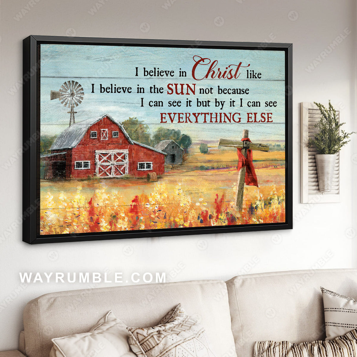 Countryside painting, Yellow flower field, Vintage house, I believe in Christ - Jesus Landscape Canvas Prints, Wall Art