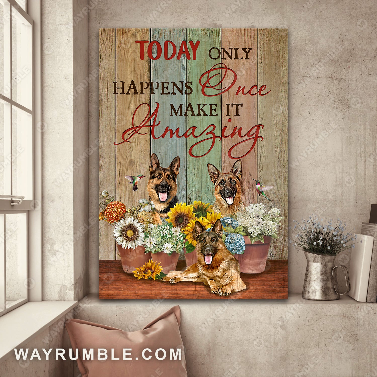 German shepherd dog, Blue hydrangea, Today only happens once make it amazing - Jesus Portrait Canvas Prints, Wall Art