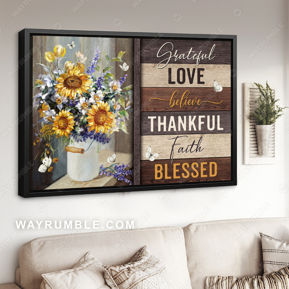 Sunflower, Flower vase, White butterfly, Grateful, Love, Believe, Thankful - Jesus Landscape Canvas Prints, Christian Wall Art