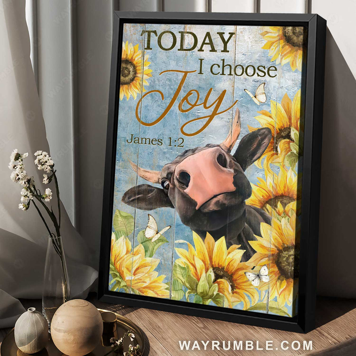 Amazing cow, Sunflower frame, Blue sky, Today I choose joy - Jesus Portrait Canvas Prints, Home Decor Wall Art