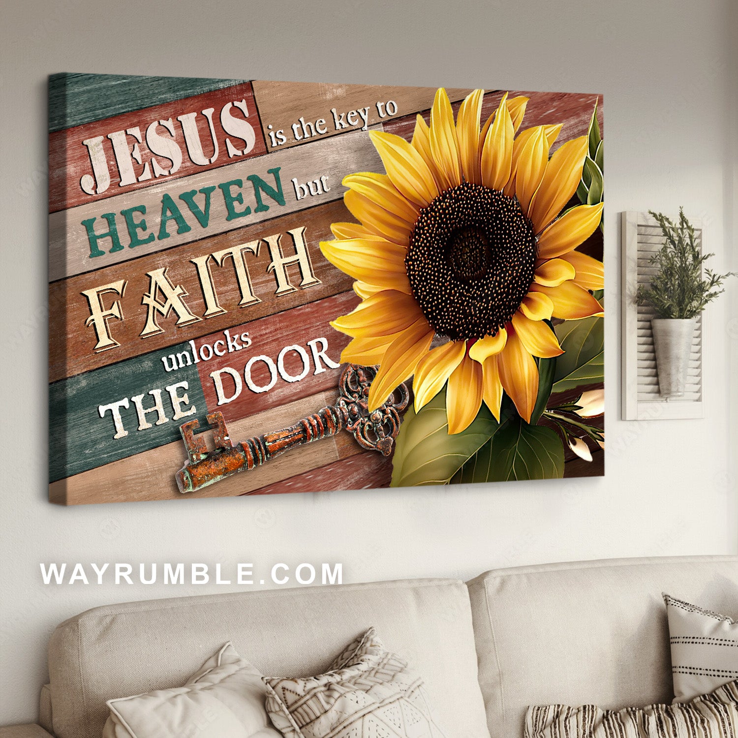 Pretty sunflower, Antique key, Jesus is the key to heaven - Jesus Landscape Canvas Prints, Home Decor Wall Art