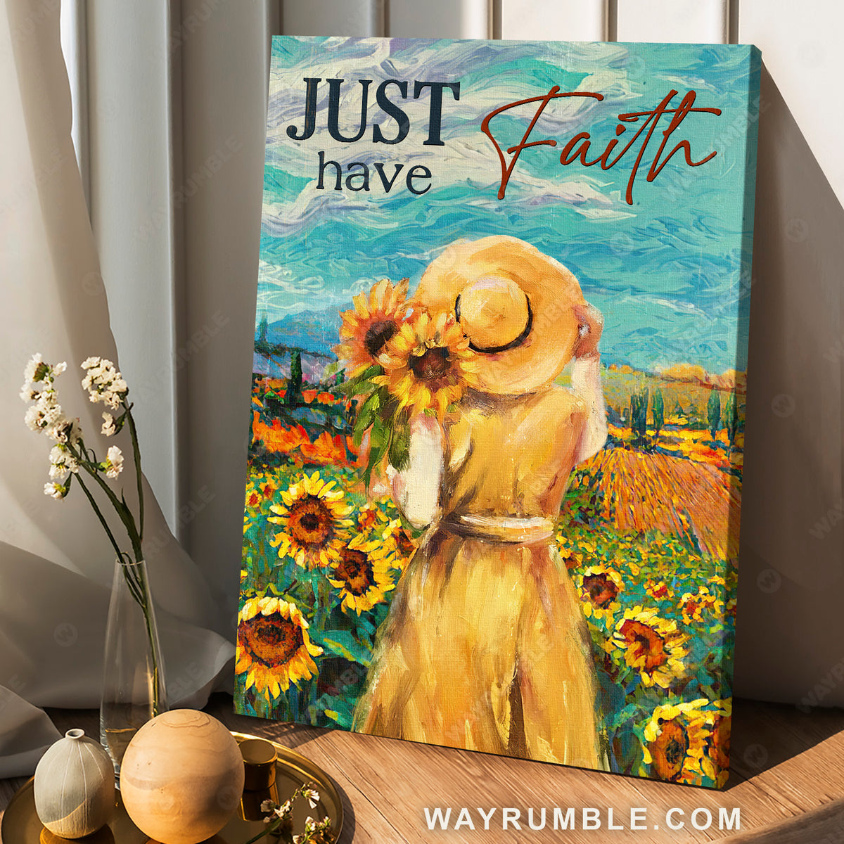 Girl painting, Yellow Dress, Sunflower garden, Blue sky, Just have faith- Jesus Portrait Canvas Prints, Christian Wall Art