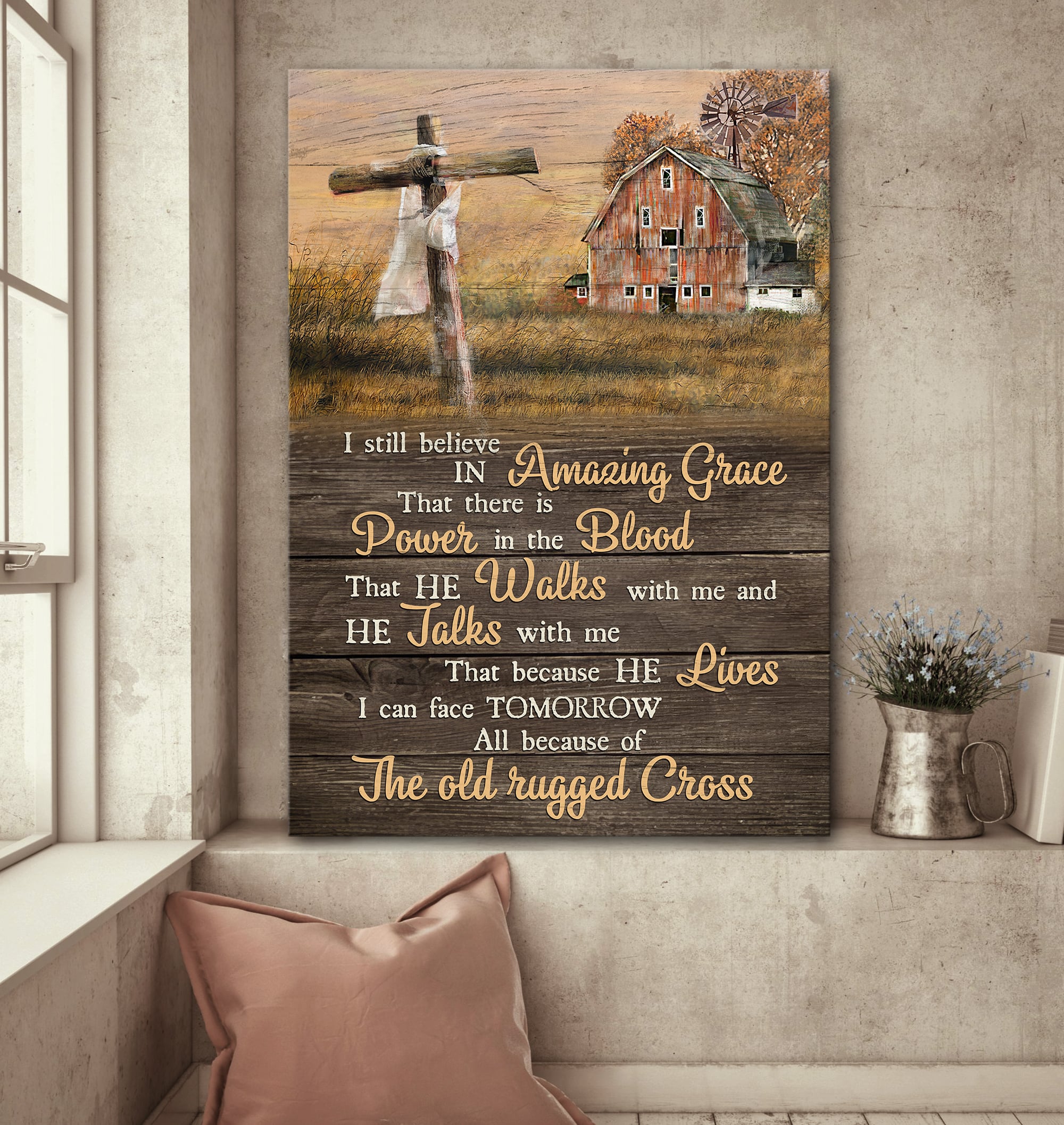 Meadow land, Wooden cross, I still believe in amazing grace - Jesus Portrait Canvas Prints, Wall Art