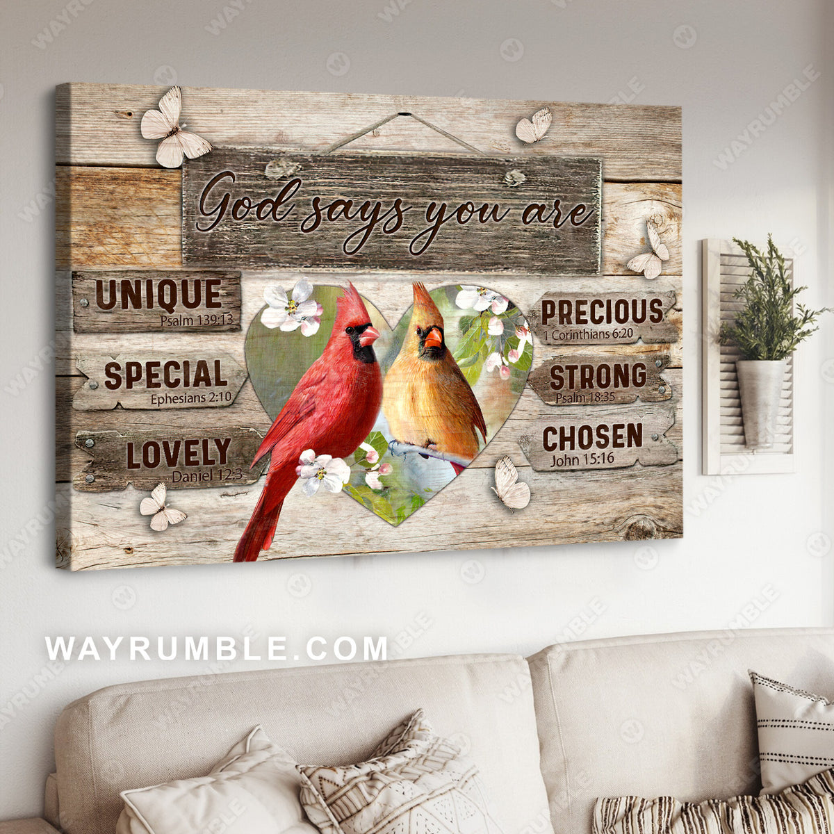 Cardinal couple, Jasmine flower, Heart, God says you are unique - Jesus Landscape Canvas Prints, Christian Wall Art