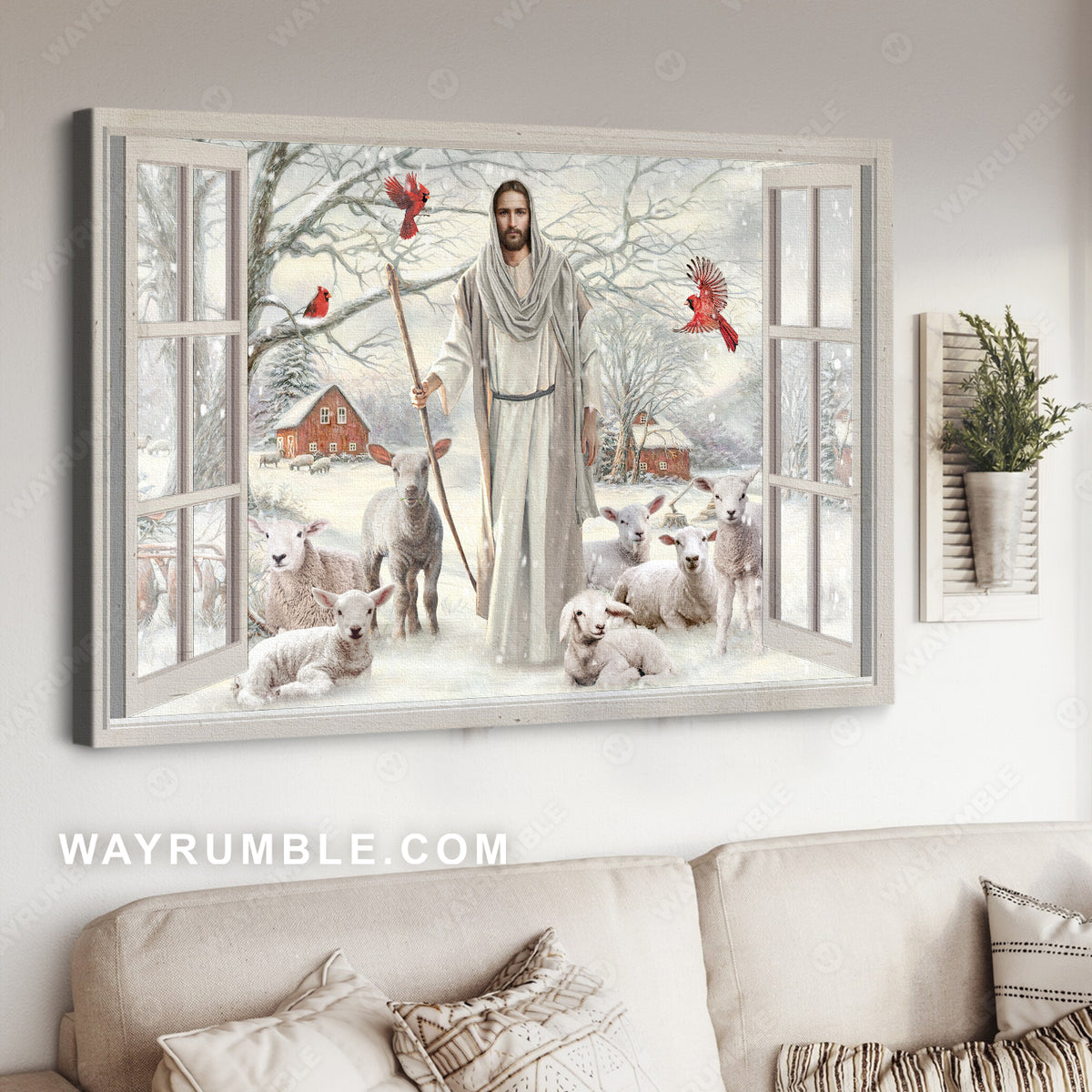 Lamb farm, Winter forest, Red cardinal, Walking with Jesus - Jesus Landscape Canvas Prints, Home Decor Wall Art