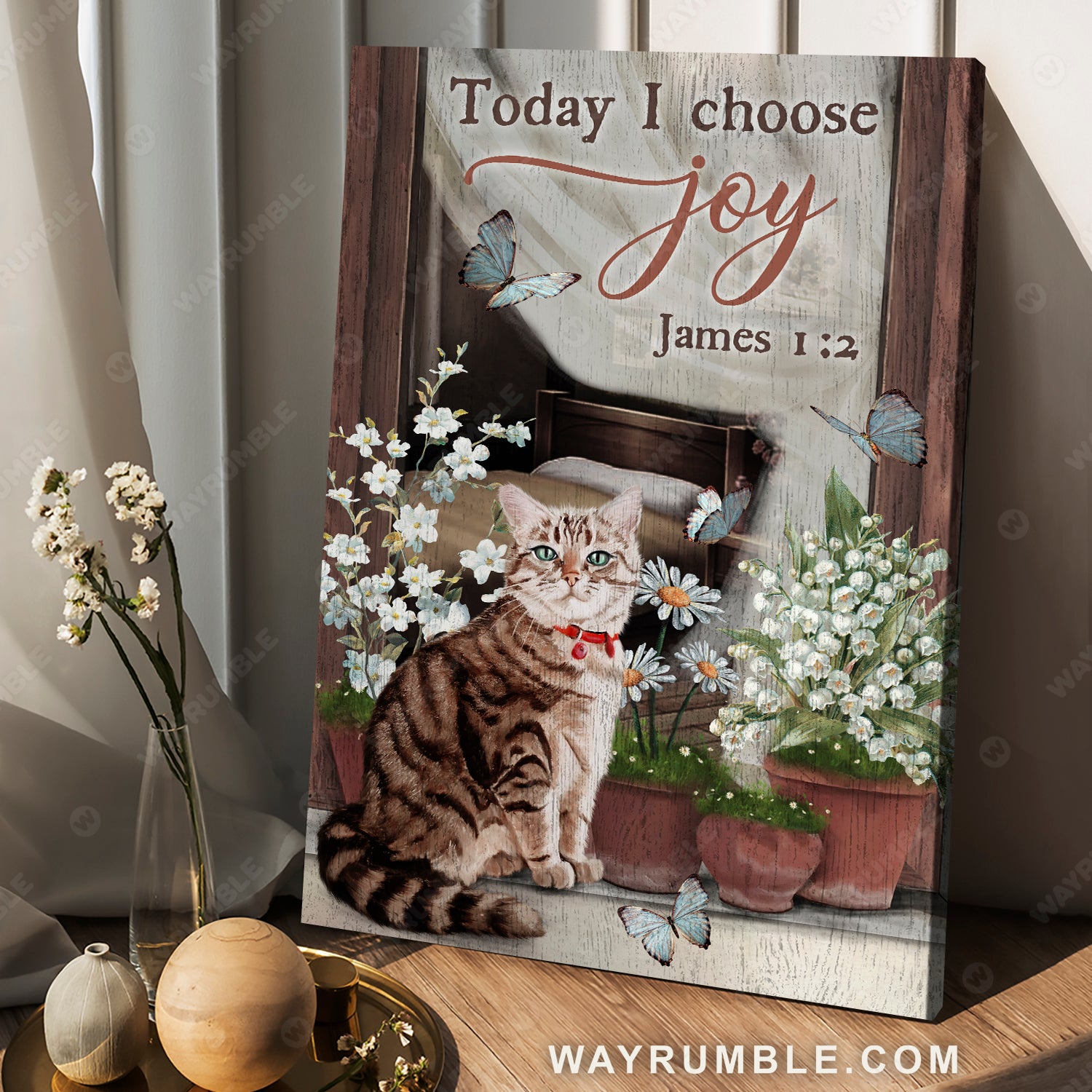 Cute cat, Daisy painting, Lily of the valley, Today I choose joy- Jesus Portrait Canvas Prints, Christian Wall Art