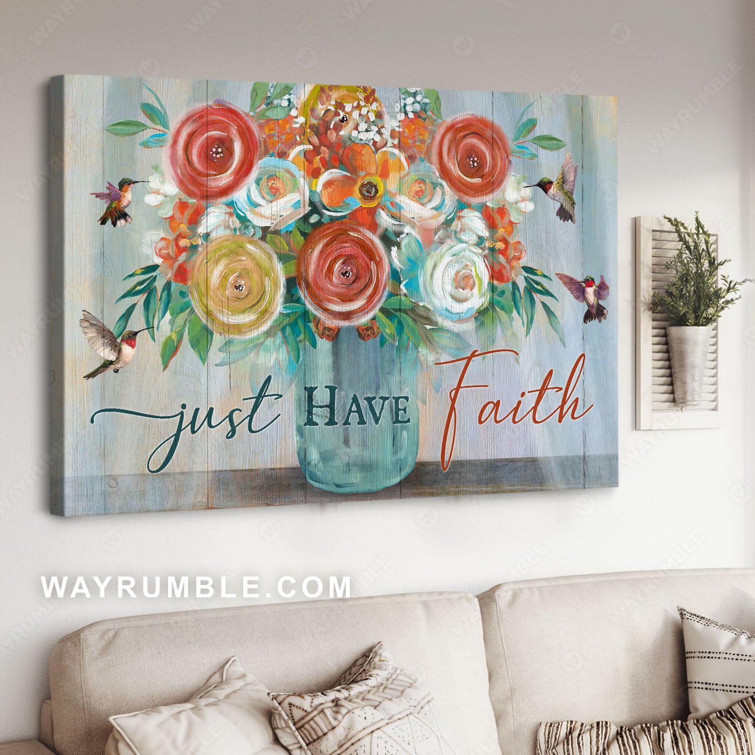 Flower painting, Red rose, Green hummingbirds, Just have faith - Jesus Landscape Canvas Prints, Christian Wall Art