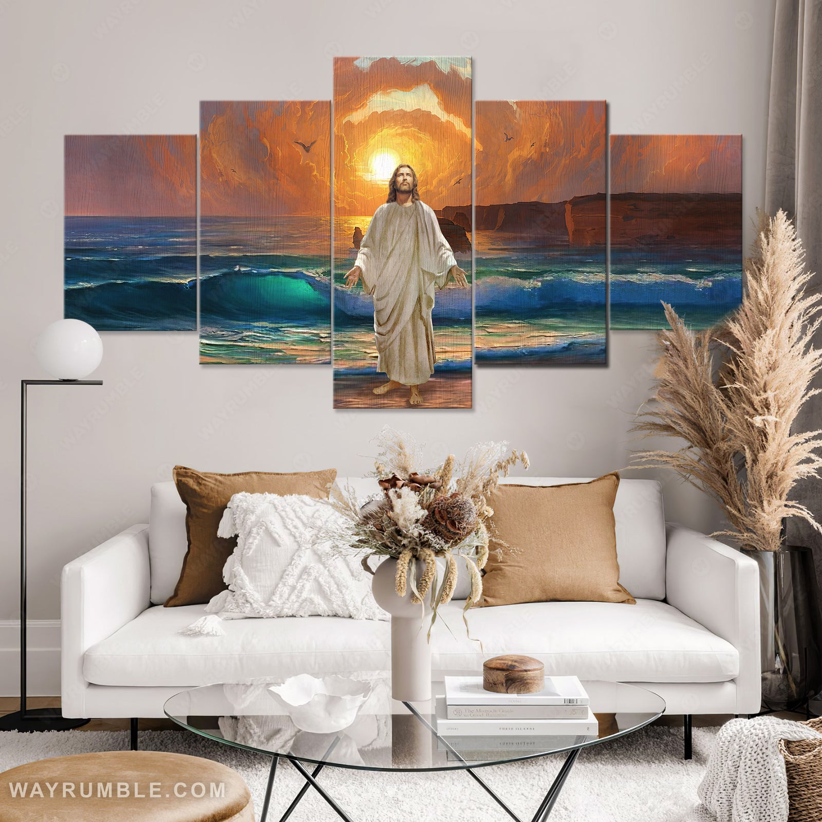 Jesus Christ, Sunset beach, Seagull, The life of Jesus - Jesus 5 Panel Matte Canvas
