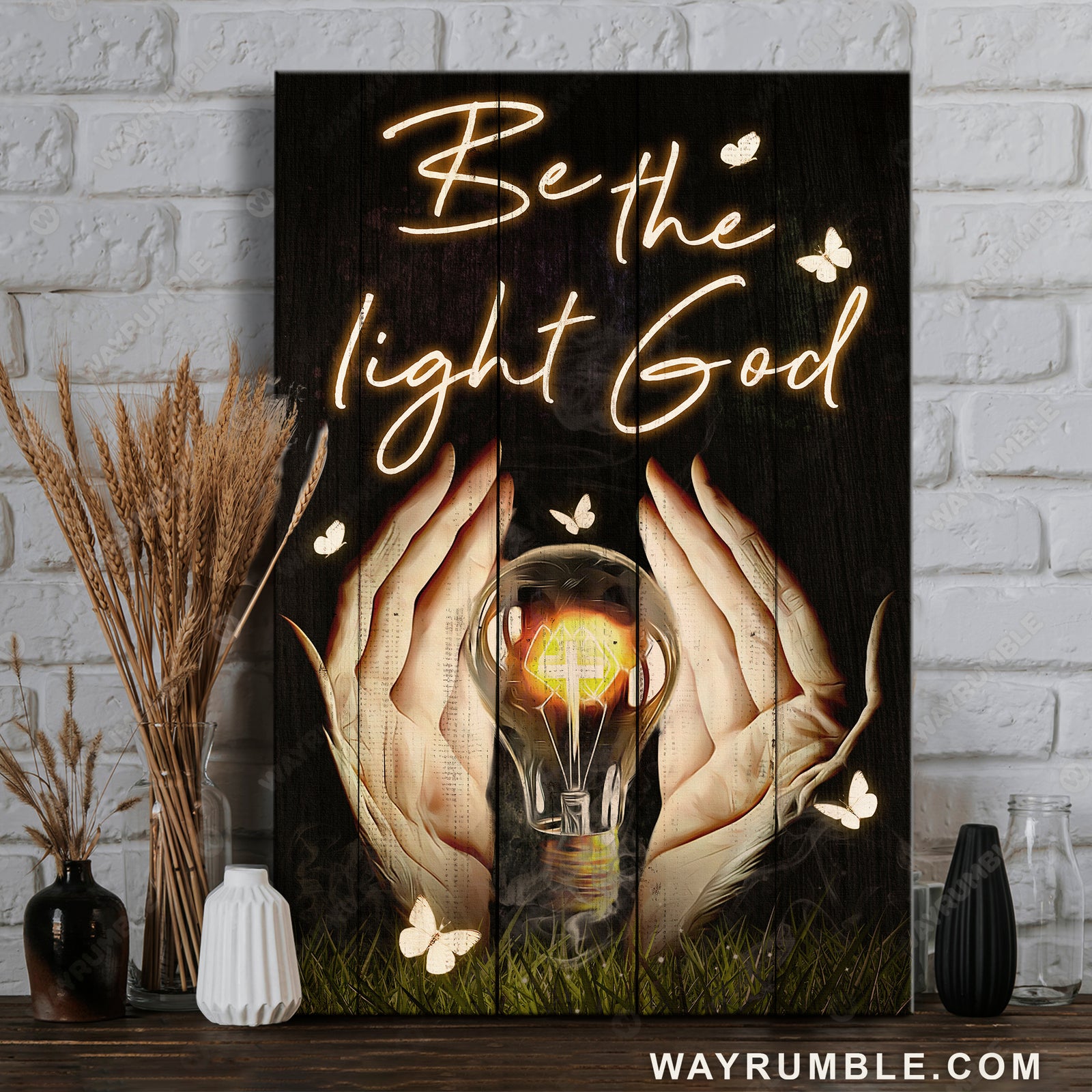 Pretty light bulb, Jesus's hand, White butterfly, Be the light God - Jesus Portrait Canvas Prints, Home Decor Wall Art