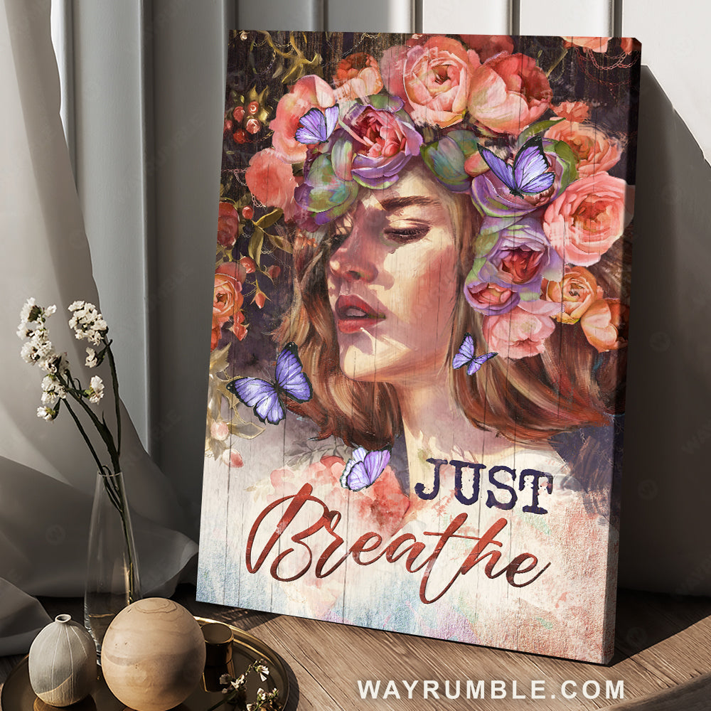 Brilliant flower wreath, Purple butterfly, Girl drawing, Just breathe - Jesus Portrait Canvas Prints, Christian Wall Art