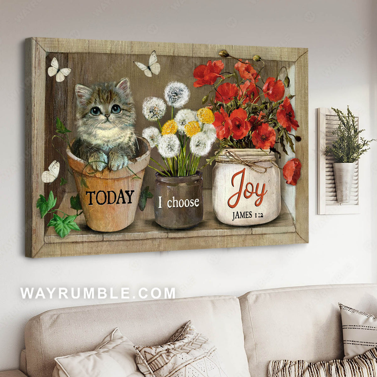 Cat painting, Flower pot, White butterfly, Today I choose joy - Jesus Landscape Canvas Prints, Christian Wall Art