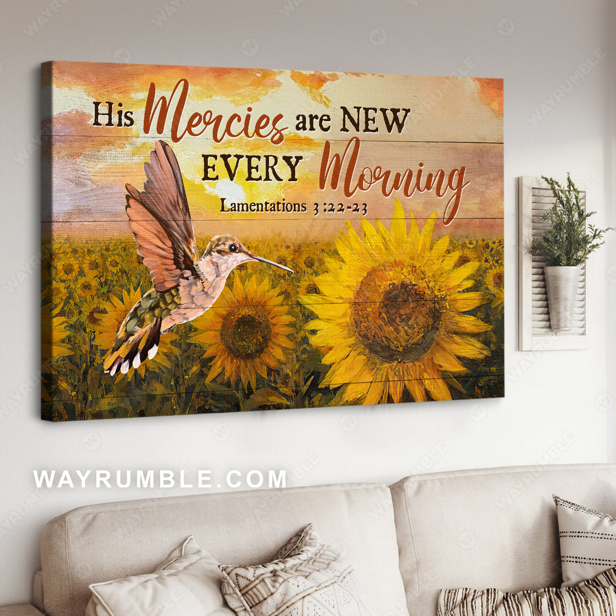 Stunning hummingbird, Sunflower field, His mercies are new every morning - Jesus Landscape Canvas Prints, Christian Wall Art