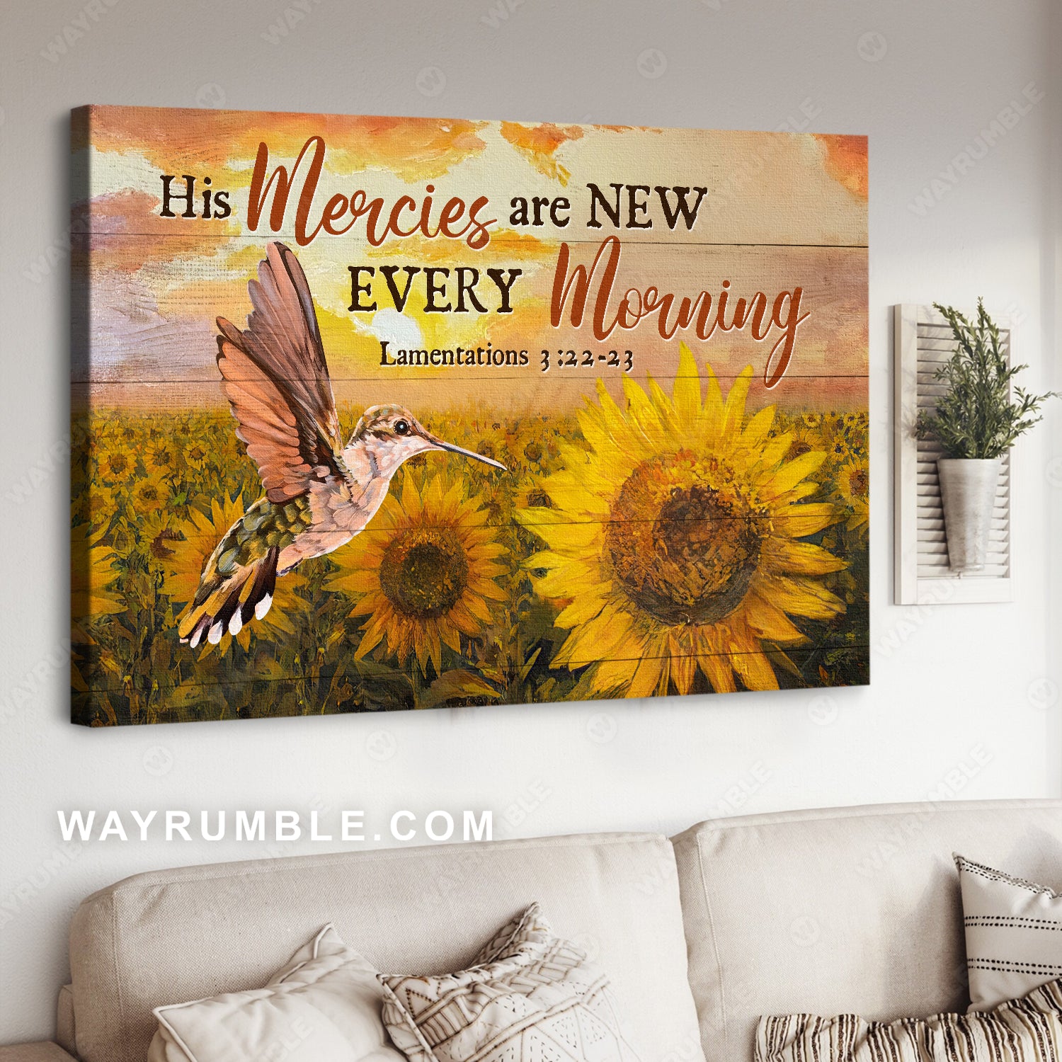 Stunning hummingbird, Sunflower field, His mercies are new every morning - Jesus Landscape Canvas Prints, Christian Wall Art