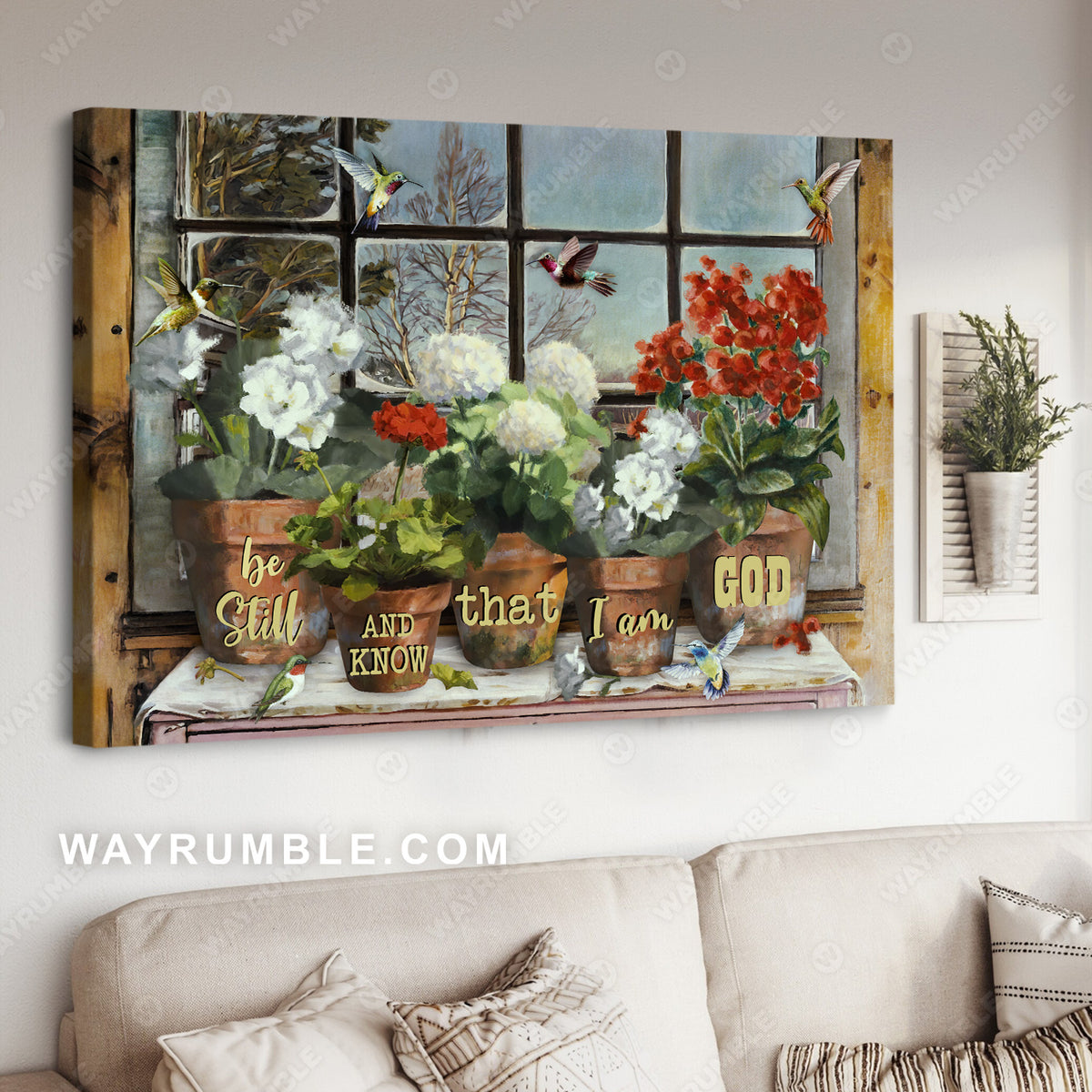 White hydrangea, Colorful hummingbird, Poppy, Be still and know that I am God - Jesus Landscape Canvas Prints, Christian Wall Art