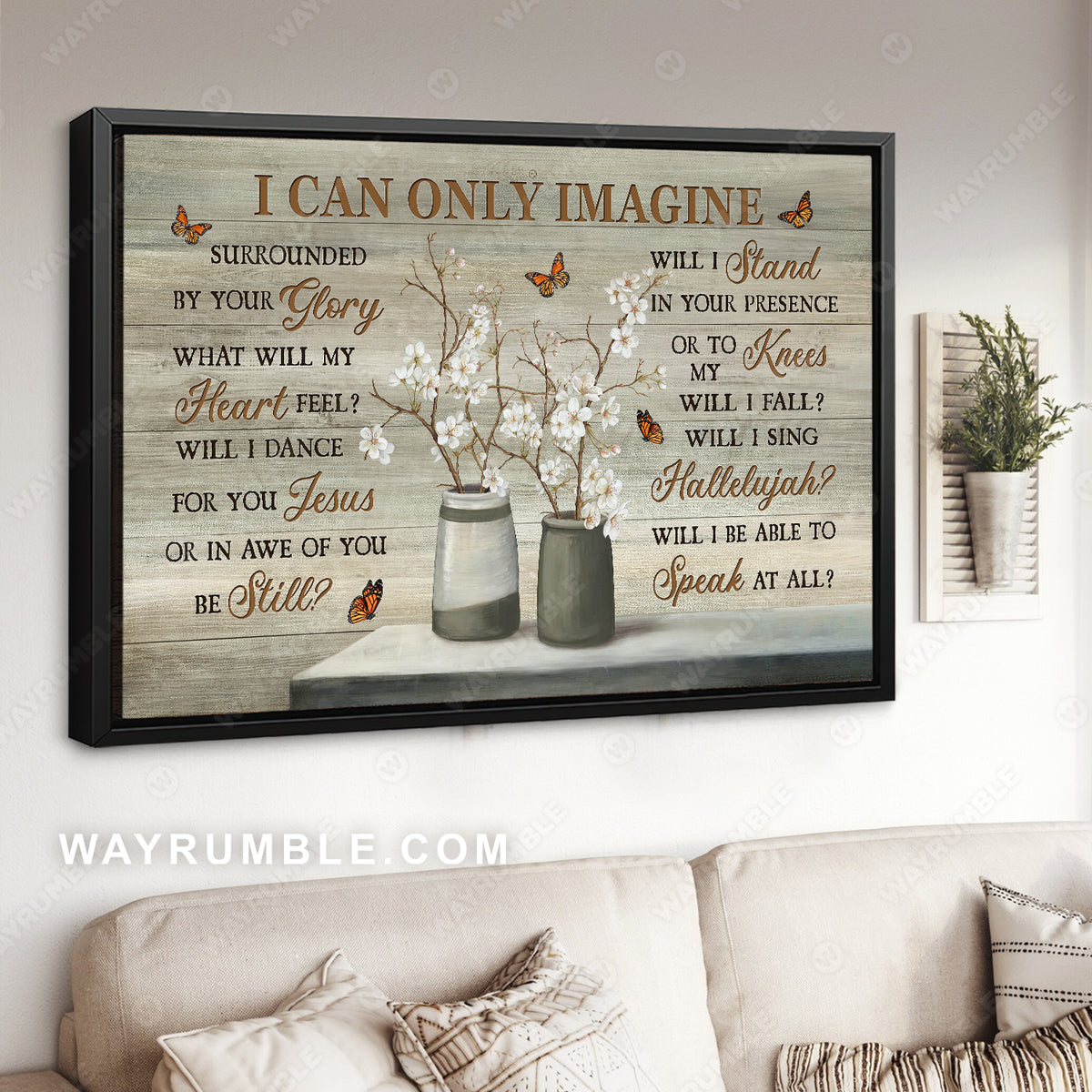 White flower vase, Monarch butterfly, Flower drawing, I can only imagine - Jesus Landscape Canvas Prints, Home Decor Wall Art