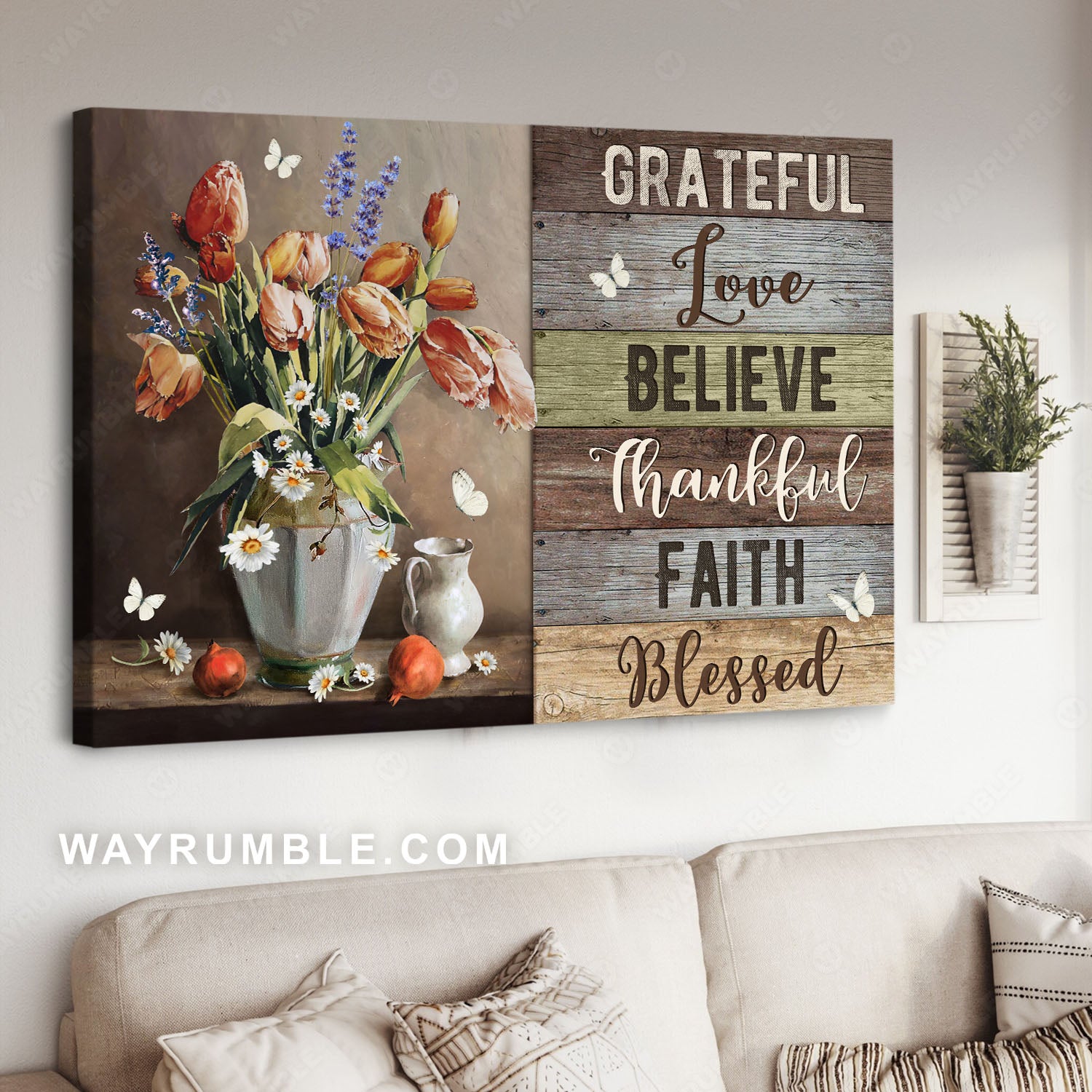 Tulip, Daisy flower, Pomegranate, White butterfly, Grateful, Love - Jesus Landscape Canvas Prints, Christian Wall Art