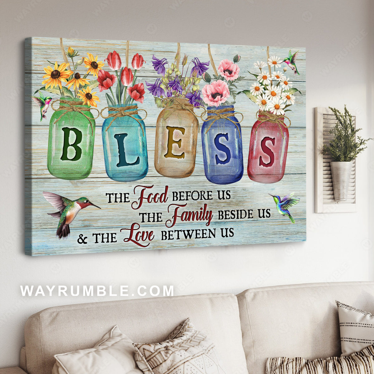 Glass jar, Colorful flower, Green hummingbirds, Bless food family love - Jesus Landscape Canvas Prints, Christian Wall Art