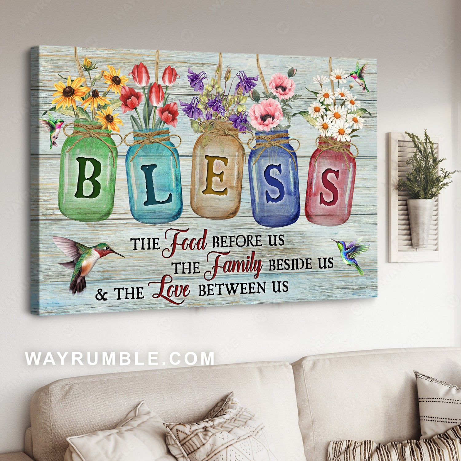 Glass jar, Colorful flower, Green hummingbirds, Bless food family love - Jesus Landscape Canvas Prints, Christian Wall Art