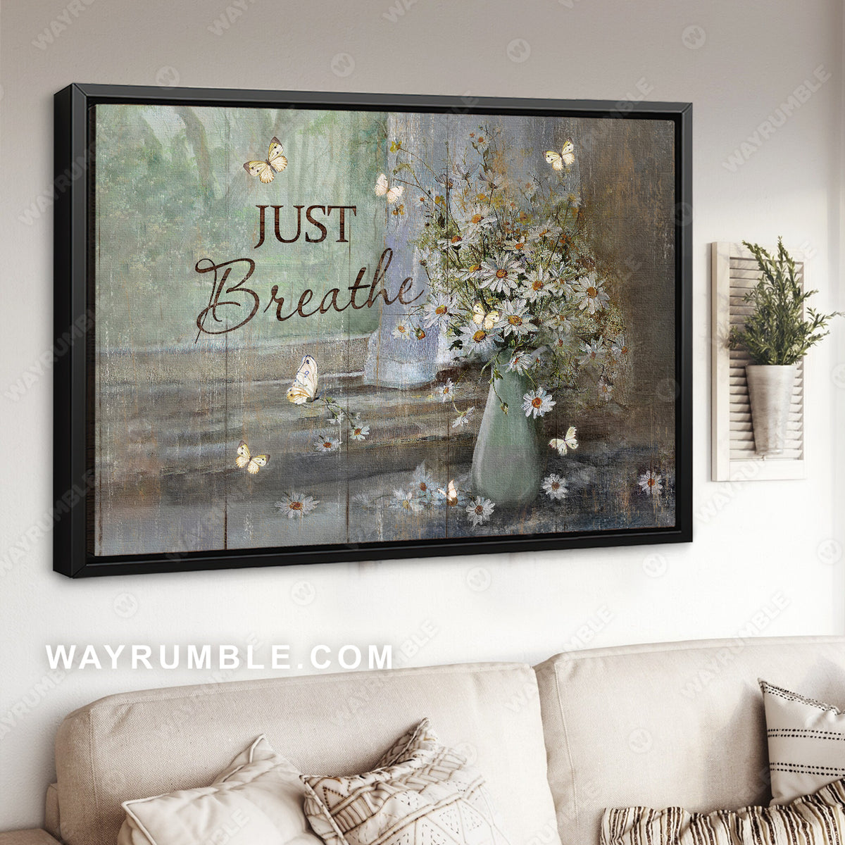 Vintage Flower Vase, Just breathe - Daisy flower, Jesus Landscape Canvas Prints, Wall Art