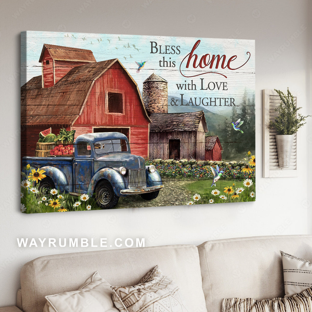 Farm house, Semi truck, Harvest baskets, Colorful flower, Bless this home - Jesus Landscape Canvas Prints, Christian Wall Art