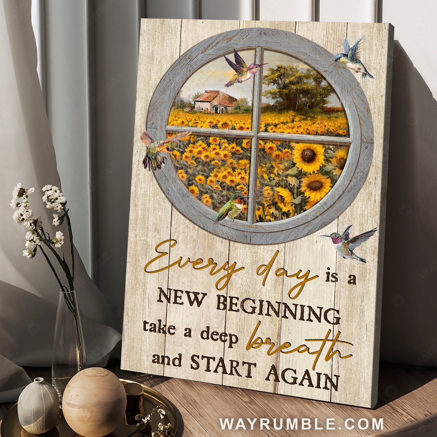Sunflower garden, Colorful hummingbirds, Circle window, Take a deep breath - Jesus Portrait Canvas Prints, Christian Wall Art