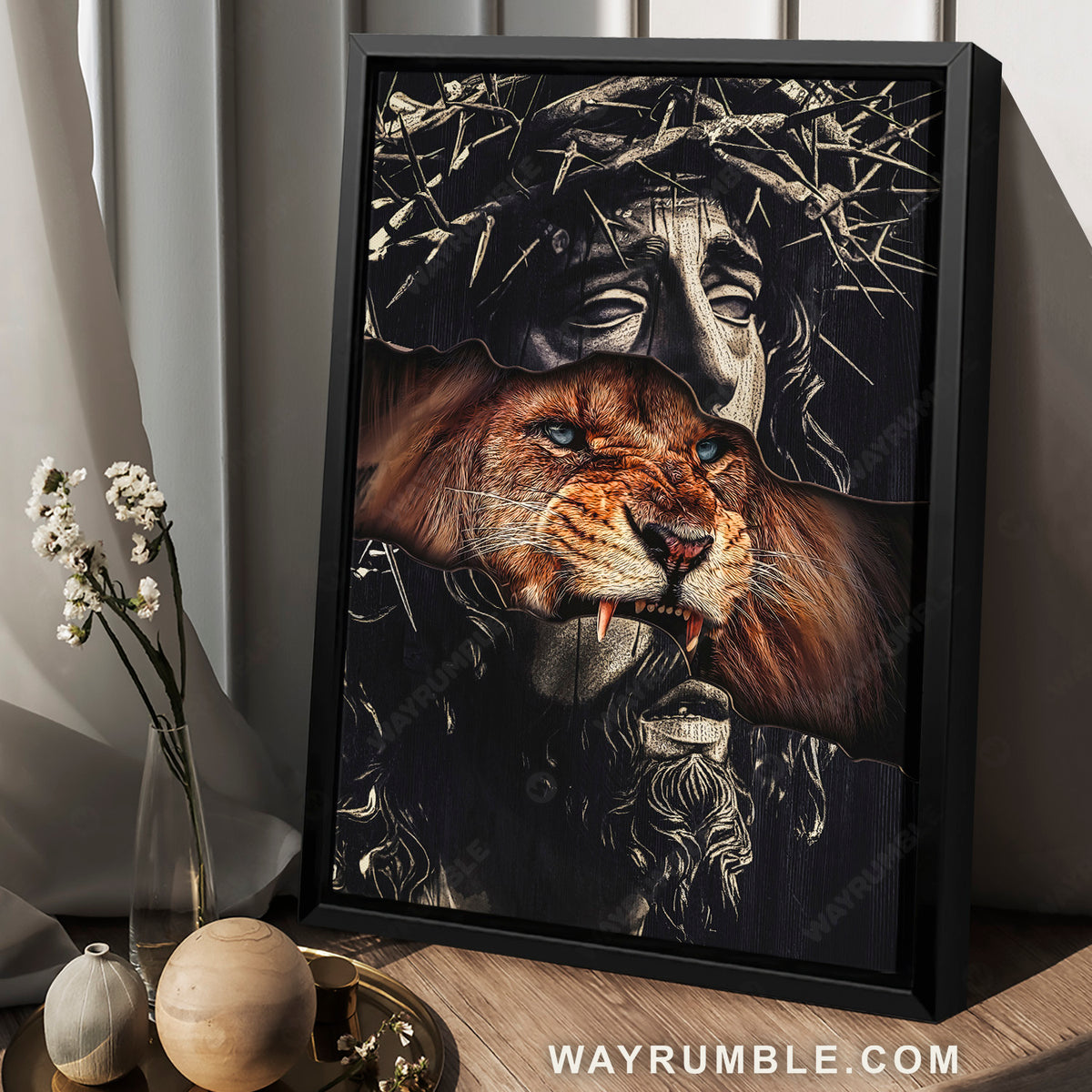 Black Jesus painting, Stunning crown of thorn, Brown lion - Jesus Portrait Canvas Prints, Christian Wall Art