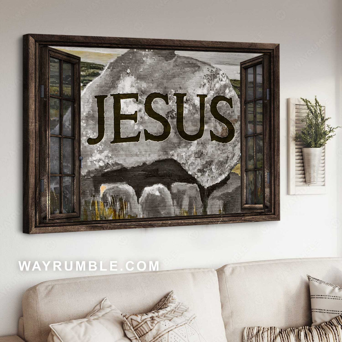 Rock mountain, Meadow land, Wooden window, Jesus - Jesus Landscape Canvas Prints, Home Decor Wall Art