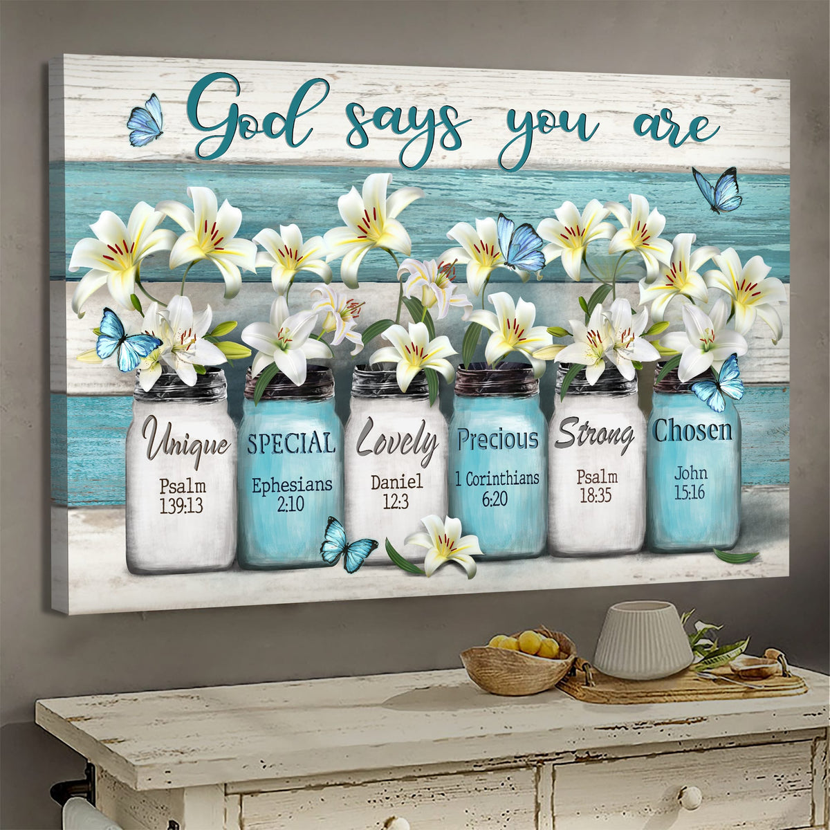 Lily flower jar, Butterfly, God says you are - Jesus Landscape Canvas Prints, Wall Art