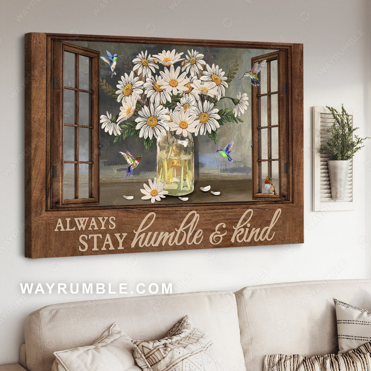 White daisy, Crystal vase, Wooden window, Always stay humble and kind - Jesus Landscape Canvas Prints, Wall Art