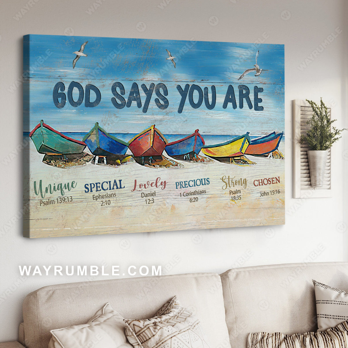 Colorful boat, Beach painting, Seagull drawing, God says you are - Jesus Landscape Canvas Prints, Christian Wall Art