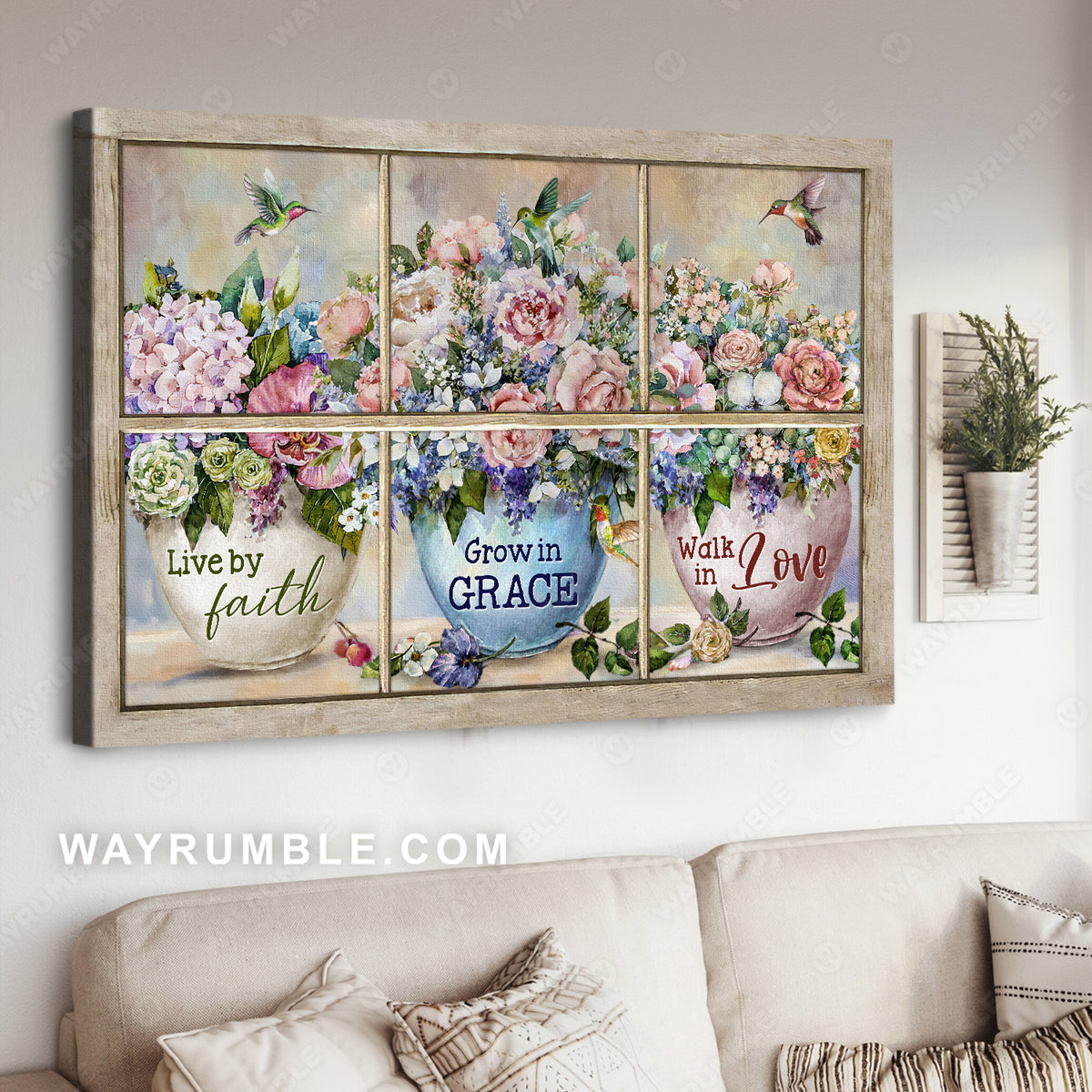 Pink flower vase, Hummingbird artwork, Live by faith, Grow in grace - Jesus Landscape Canvas Prints, Christian Wall Art