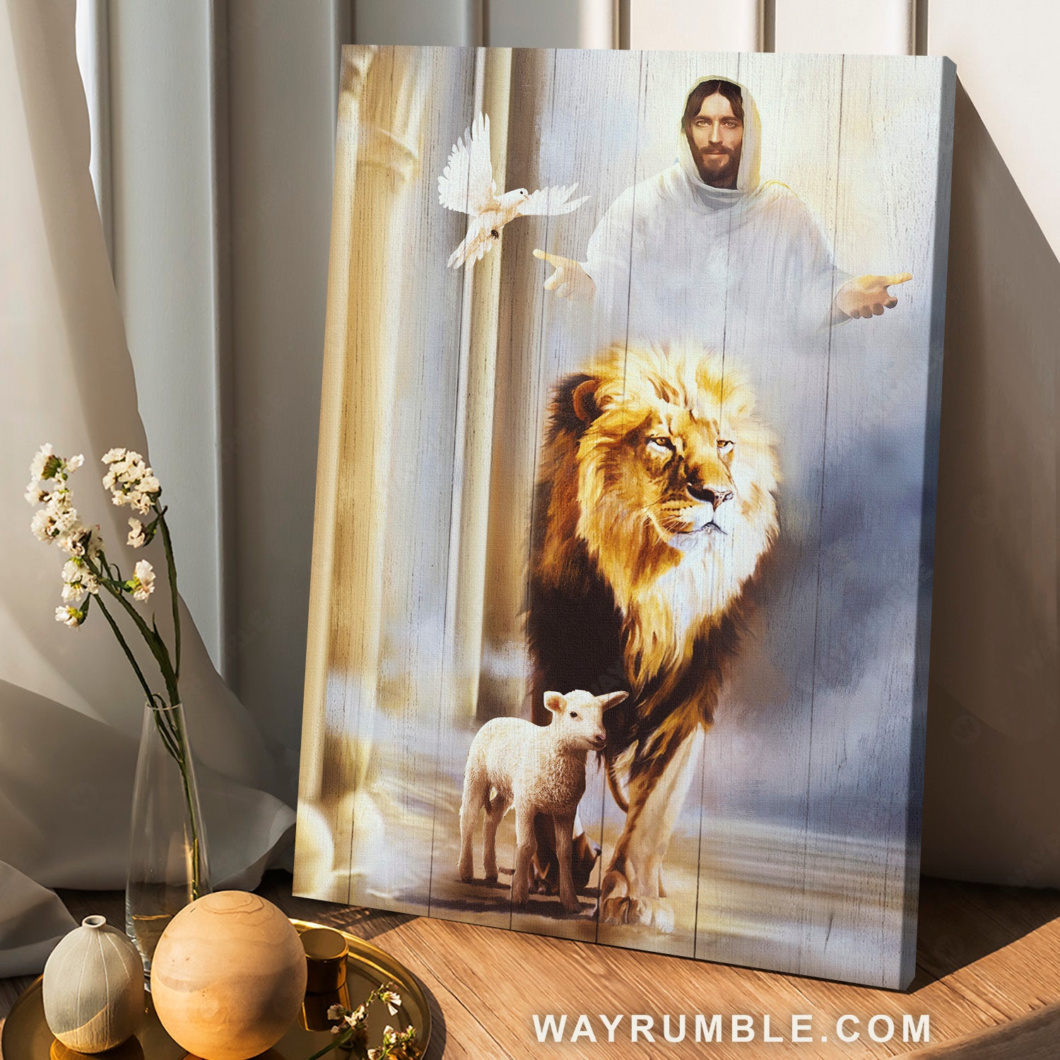 The world of Jesus, Stunning lion, Little lamb of God, White dove - Jesus Portrait Canvas Prints, Home Decor Wall Art
