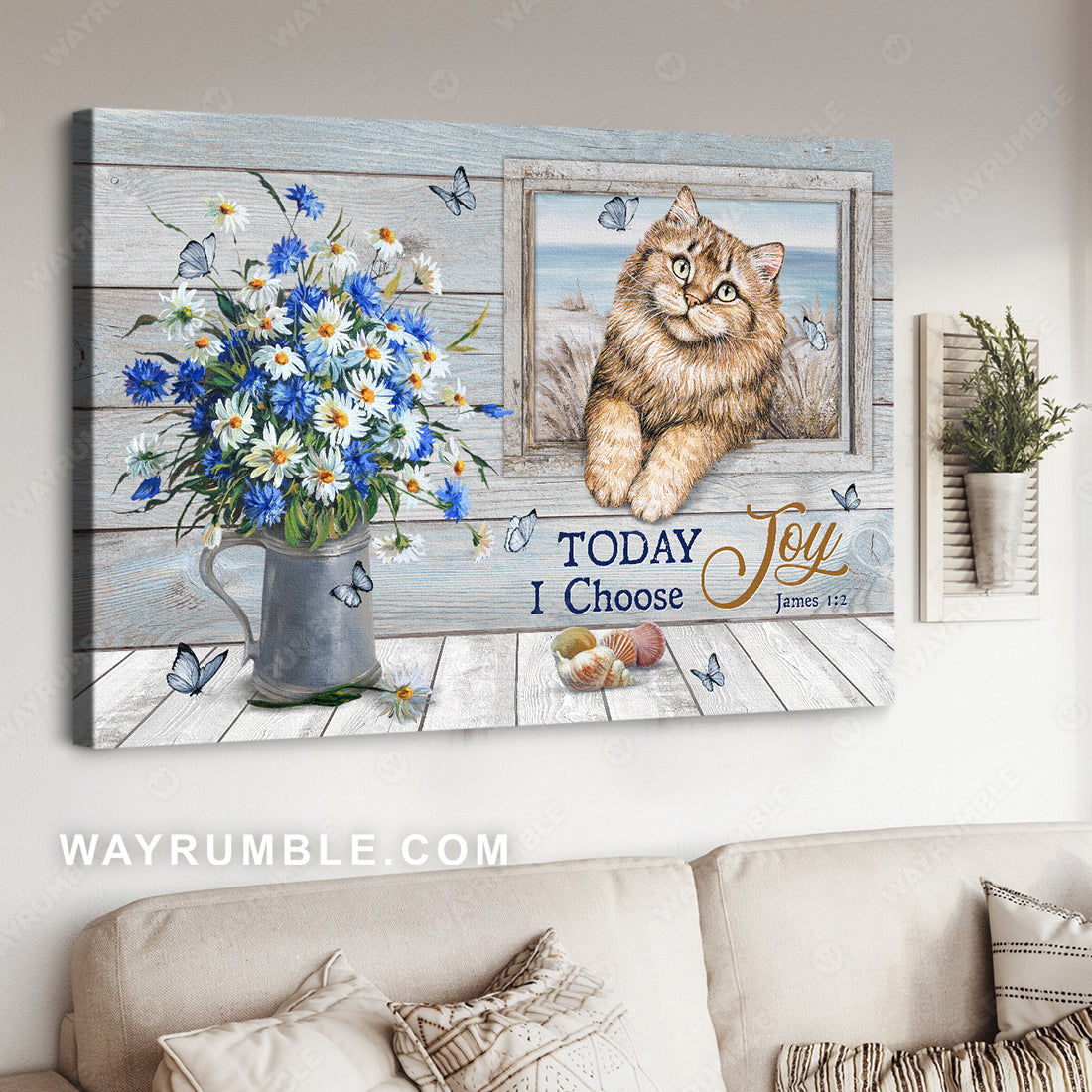 Cute cat painting, Pretty daisy vase, Vintage window, Today I choose joy - Jesus Landscape Canvas Prints, Christian Wall Art