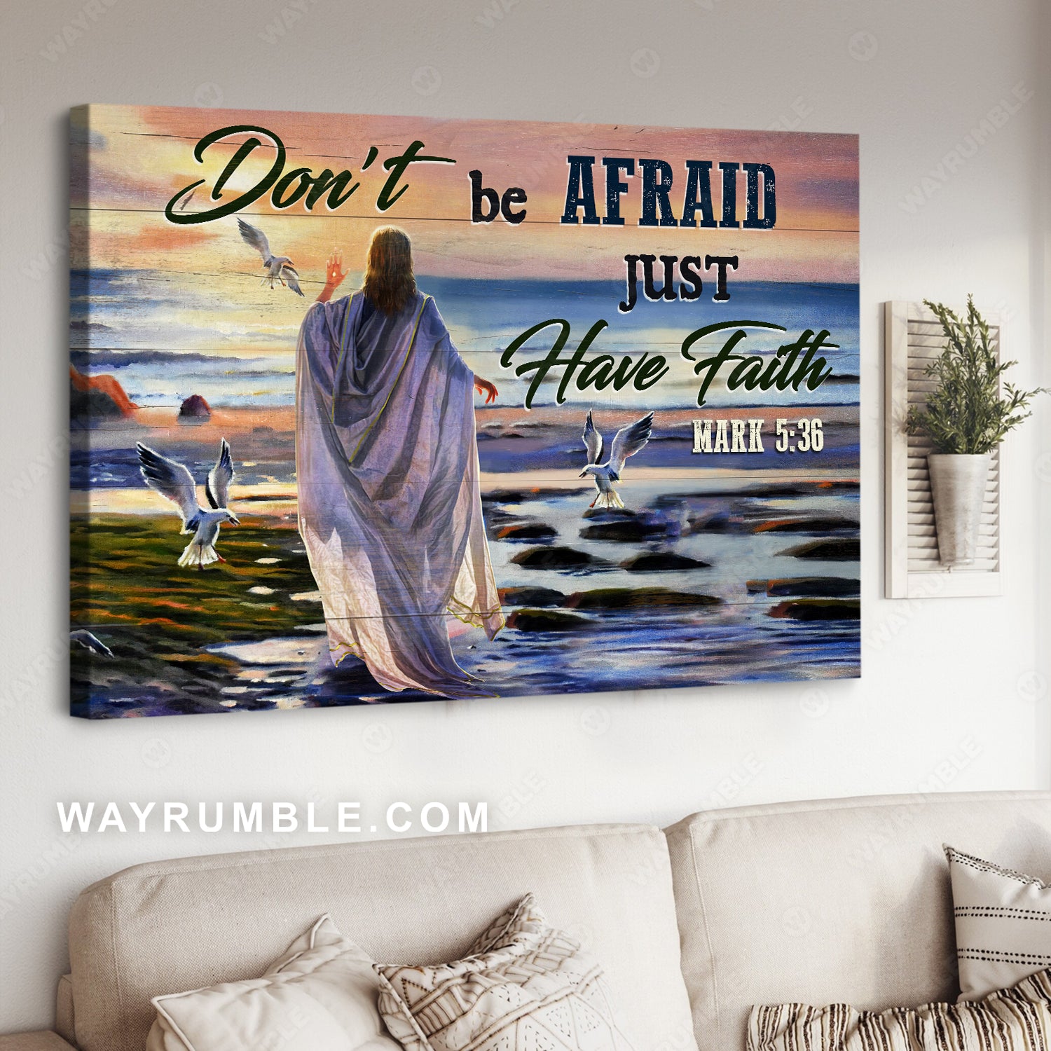 Colorful sunset, Seagull drawing, Don't be afraid, Just have faith - Jesus Landscape Canvas Prints, Christian Wall Art