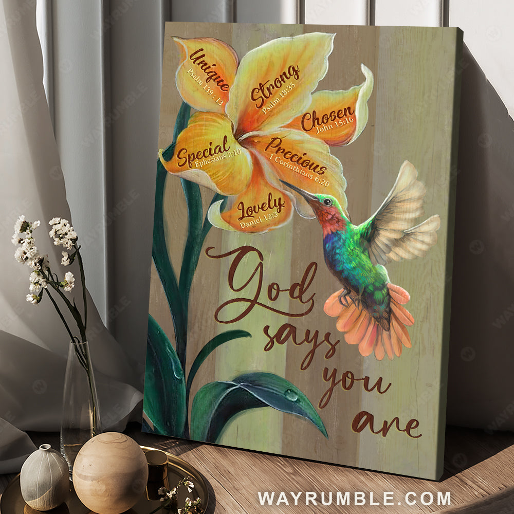 Beautiful yellow lily, Colorful hummingbird, God says you are unique - Jesus Portrait Canvas Prints, Christian Wall Art