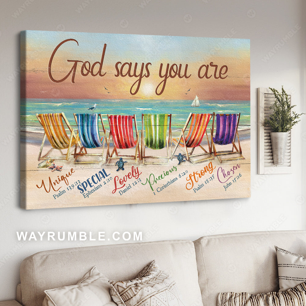 Summer vibe, Beautiful sunset, Colorful chair, God says you are unique - Jesus Landscape Canvas Prints, Christian Wall Art