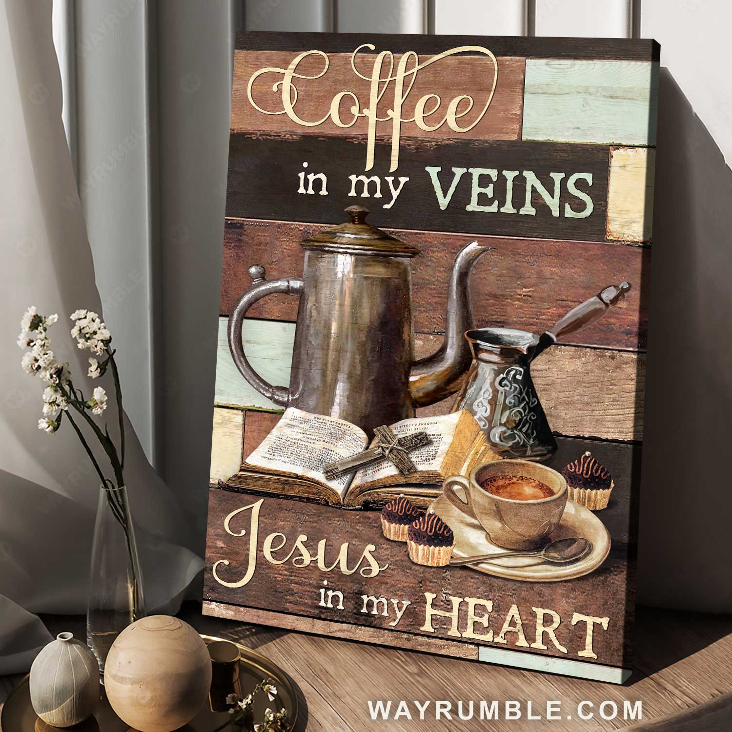 Coffee painting, Old bible, Wooden cross, Coffee in my veins - Jesus Portrait Canvas Prints, Home Decor Wall Art