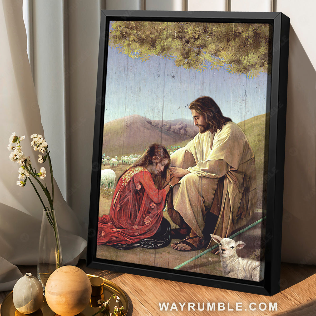 Walking with Jesus, Pray for healing, Lamb farm, Meadow land - Jesus Portrait Canvas Prints, Christian Wall Art
