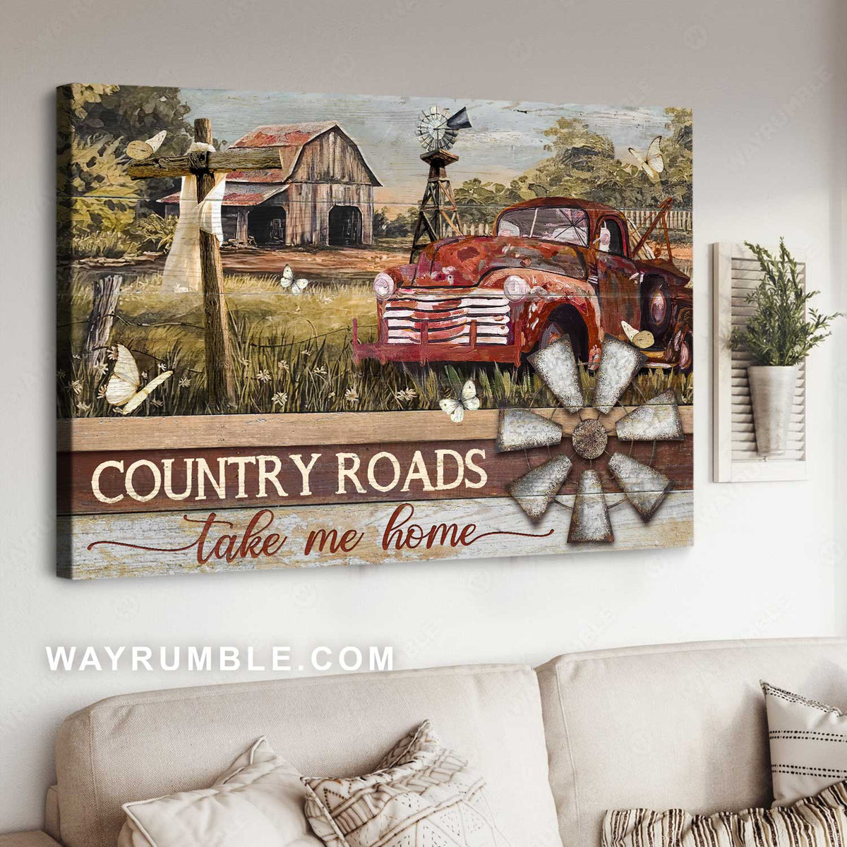 Old ladybug car, Wooden cross, Rice field, Country roads take me home - Jesus Landscape Canvas Prints, Christian Wall Art