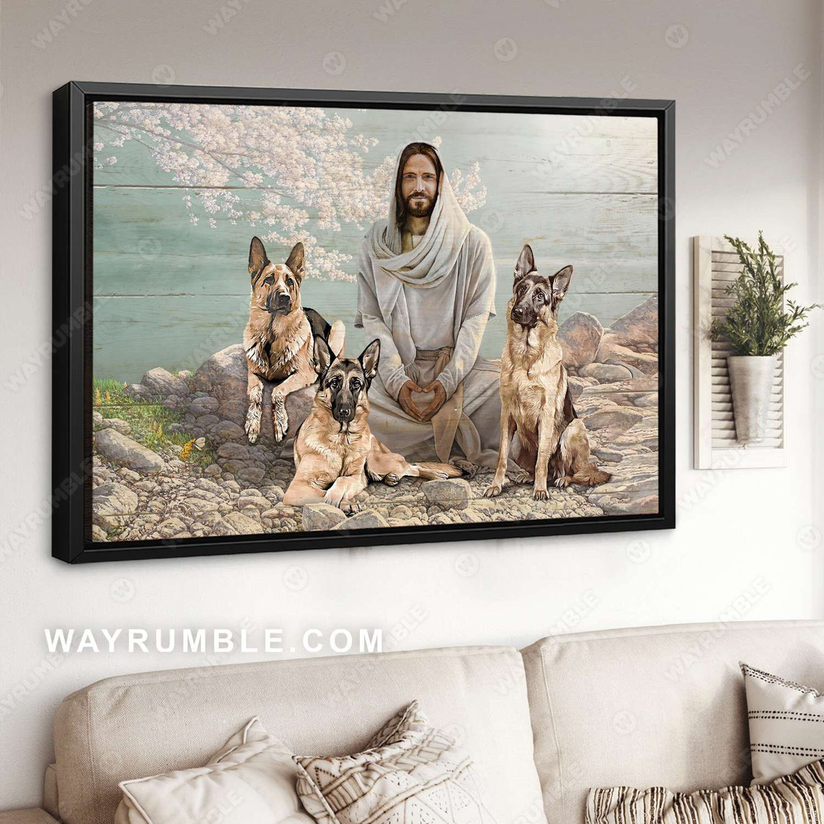 Jesus painting, German Shepherd drawing, Sitting with Jesus in the beautiful garden - Jesus Landscape Canvas Prints, Christian Wall Art