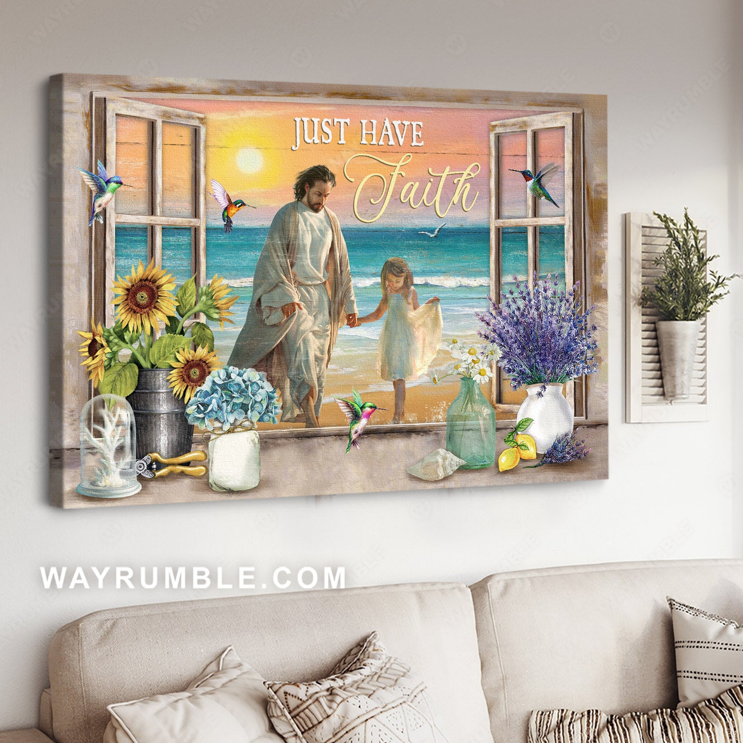 Little girl, Jesus hold my hand, Ocean view, Just have faith - Jesus Landscape Canvas Prints, Christian Wall Art