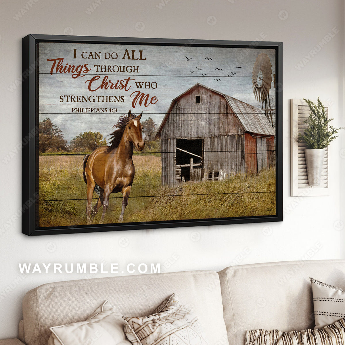 Running horse, Green meadow, Windmill painting, I can do all things - Jesus Landscape Canvas Prints, Christian Wall Art