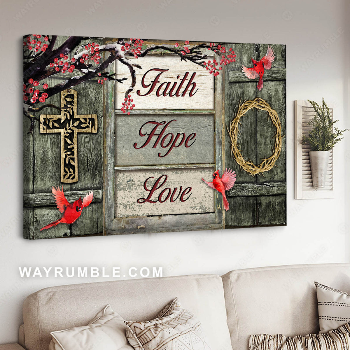 Cross symbol, Northern cardinal, Crown of thorns, Faith, Hope, Love - Jesus Landscape Canvas Prints, Christian Wall Art