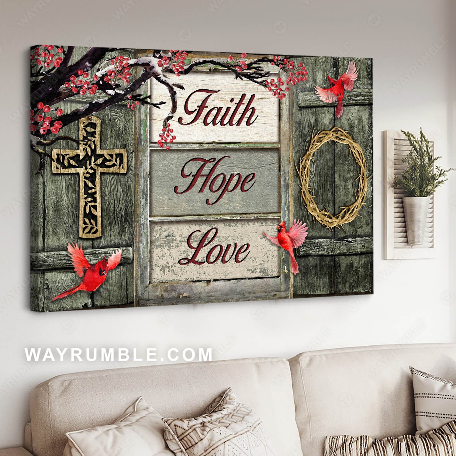 Cross symbol, Northern cardinal, Crown of thorns, Faith, Hope, Love - Jesus Landscape Canvas Prints, Christian Wall Art