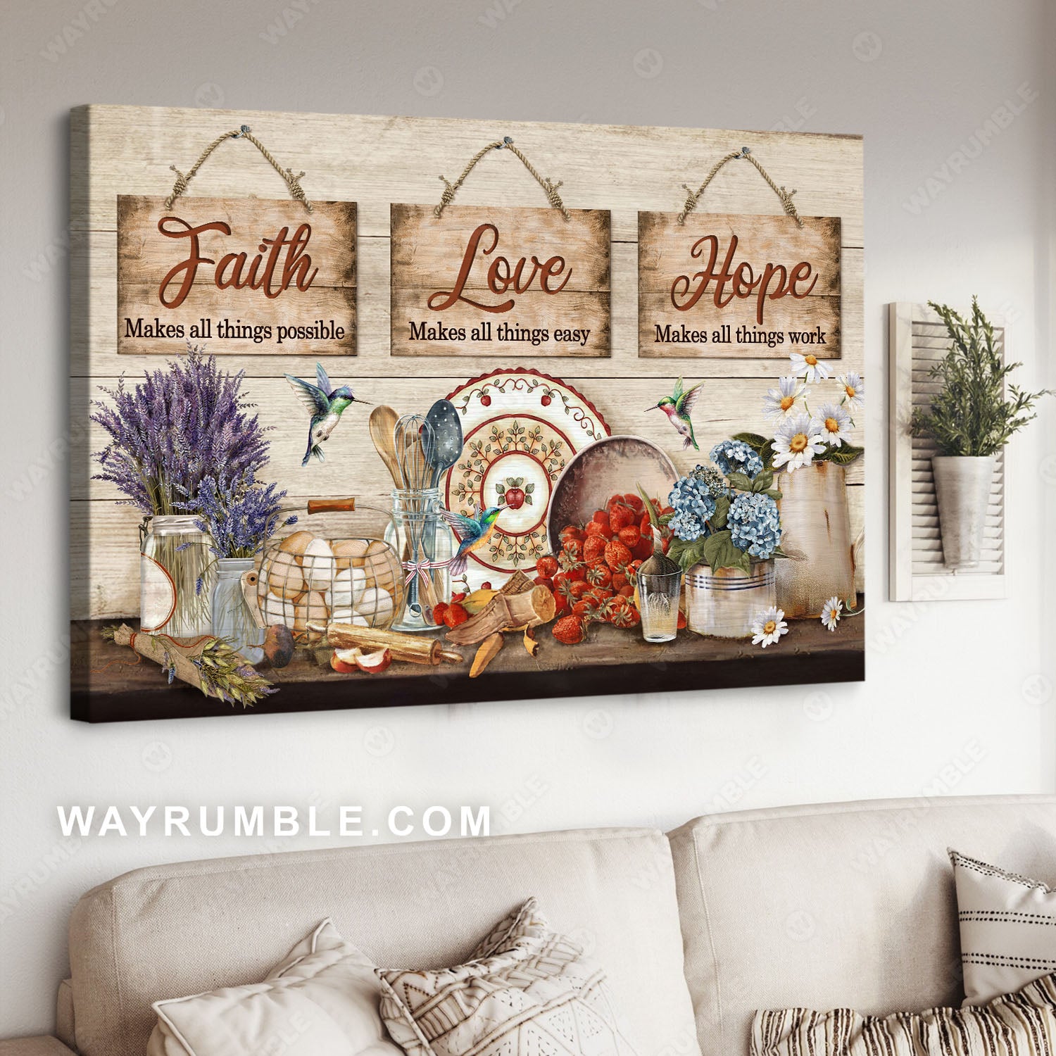Kitchen painting, Hydrangea, Lavender, Hummingbird, Faith, Love, Hope - Jesus Landscape Canvas Prints, Christian Wall Art