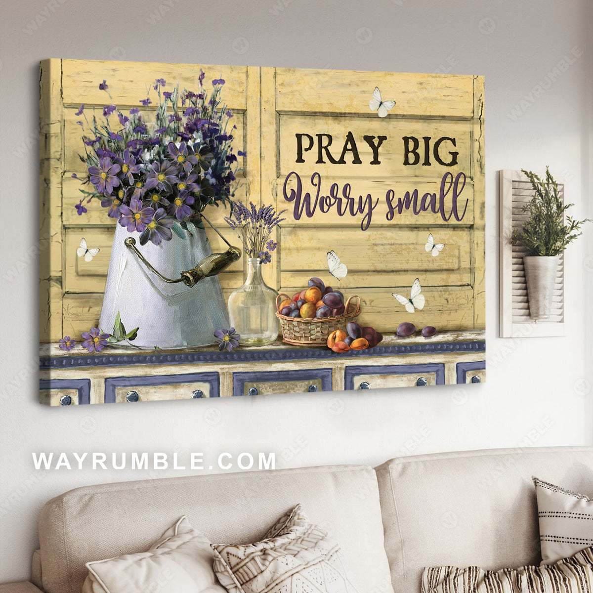 Purple flower, Lavender, Grape, White butterfly, Pray big, Worry small - Jesus Landscape Canvas Prints, Christian Wall Art