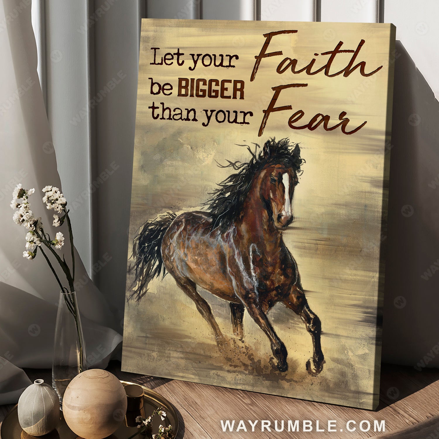 Running horse, Yellow background, Let your faith be bigger than your fear - Jesus Portrait Canvas Prints, Christian Wall Art