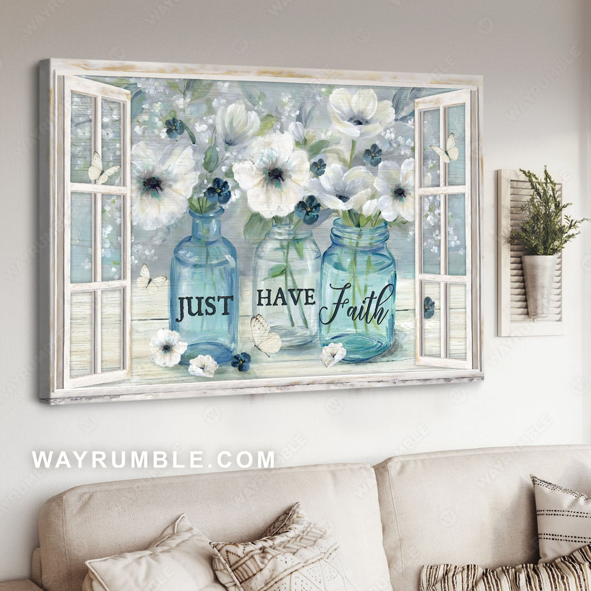 White anemone, Crystal jar, White window, Just have faith - Jesus Landscape Canvas Prints, Christian Wall Art