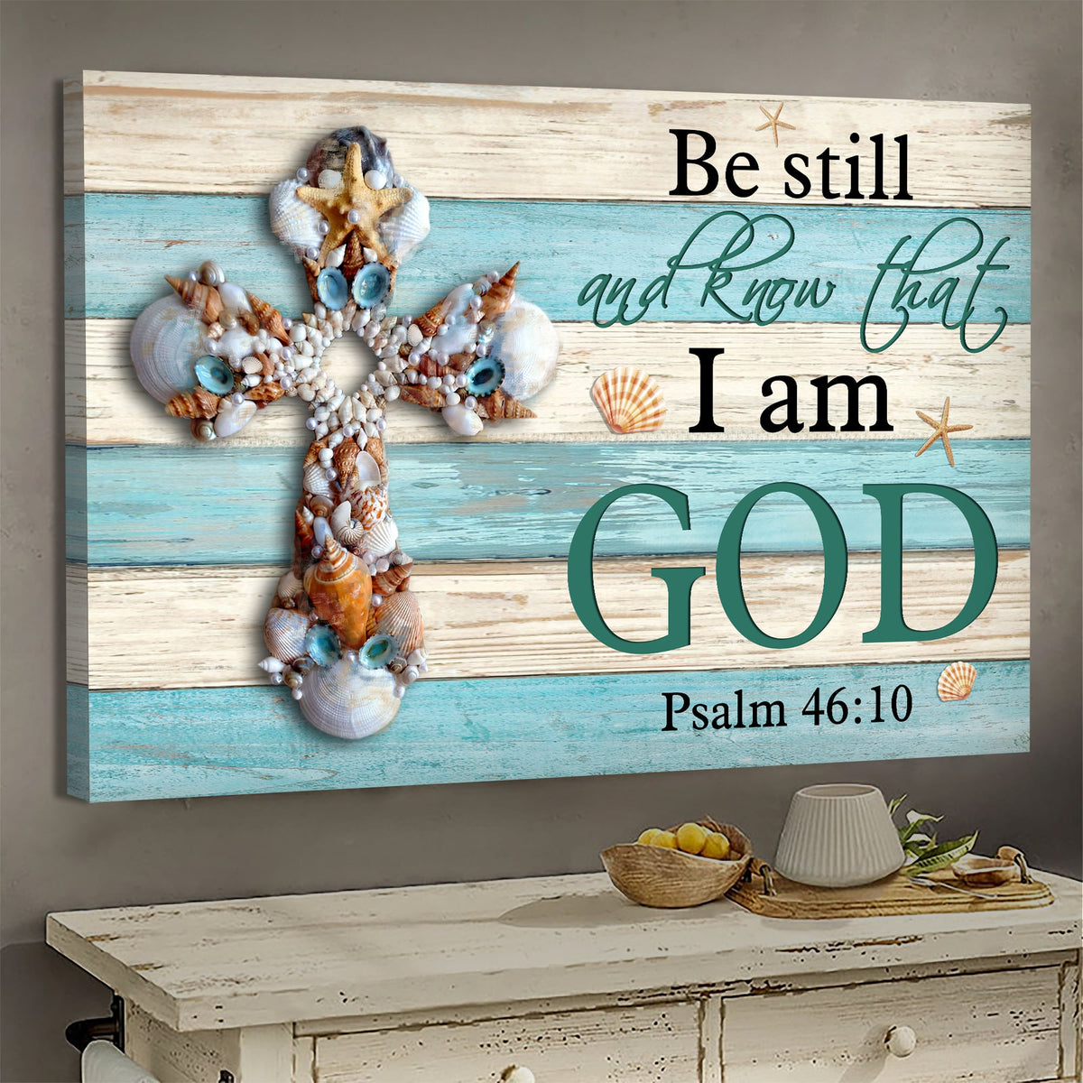Seashell cross, Be still and know that I am God - Jesus Landscape Canvas Prints, Wall Art